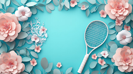 International Women's Day composition featuring tennis rackets, paper 8 figure, and flowers