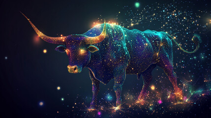 Silhouette of a bull made of glowing, multicolored dots, resembling stars. The dynamic particles form the figure, symbolizing strength, energy, and determination with a vibrant, cosmic effect.