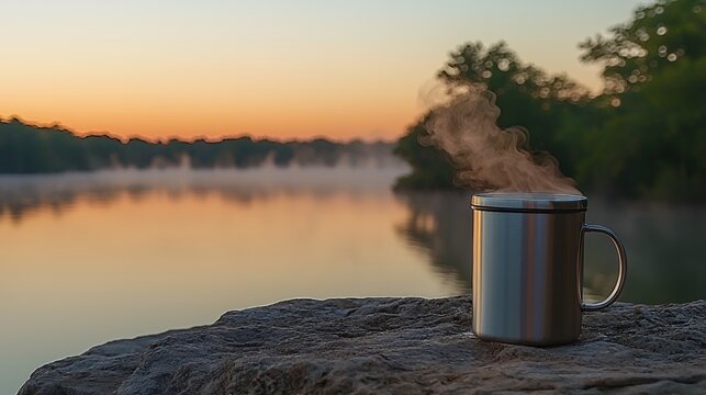 Tranquil Sunrise: A Warm Drink by the Lake