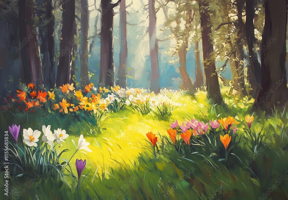 Poster serene forest meadow with colorful flowers illuminated by soft sunlight filtering through lush green