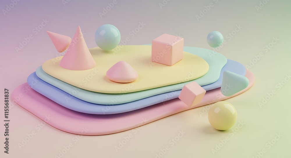 Poster geometric 3d smooth pastel shapes. abstract background with light color palette.