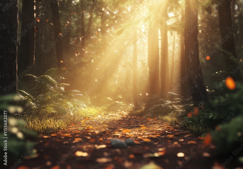 Poster serene forest pathway illuminated by gentle sunlight through trees with lush greenery and fallen lea