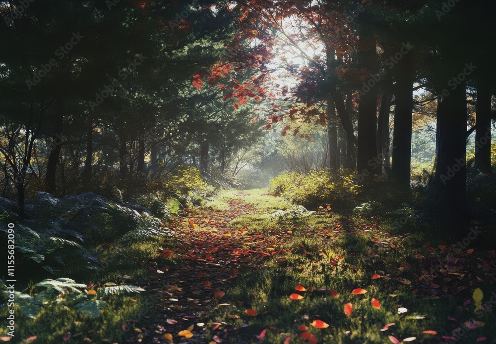 Poster serene forest path with autumn leaves and sunlight filtering through trees, inviting tranquility and
