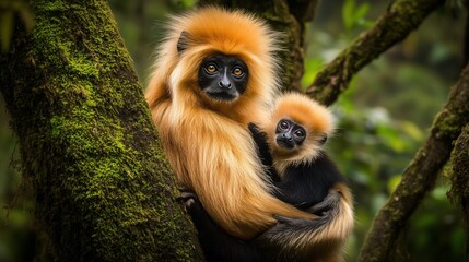 Obraz premium Golden langur mother holding her baby on a mossy tree in a lush forest.