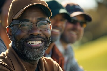 Fototapeta premium A cheerful man with glasses smiling widely, surrounded by friends in a sunny outdoor setting, embodying happiness.