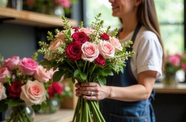 A florist girl in an apron holds in her hands a stunning and beautiful floral bouquet of gorgeous pink roses