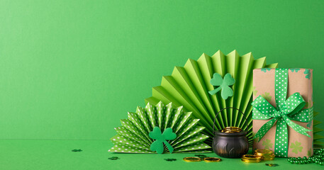 Various Saint Patrick's Day decorations including green paper craft, coins, and a wrapped gift. Ideal for festive celebrations with vibrant and joyful tones