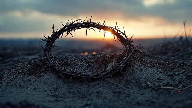 Crown of thorns on barren ground at sunset, symbolic scene. Spiritual reflection and sacrifice concept