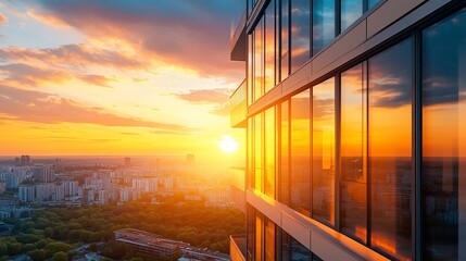 A stunning sunset reflecting on modern building windows over a cityscape.