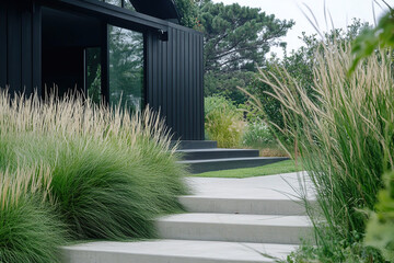 Modern garden design, featuring modern architecture with concrete steps and tall grasses in the foreground leading to a black timber house, close-up.