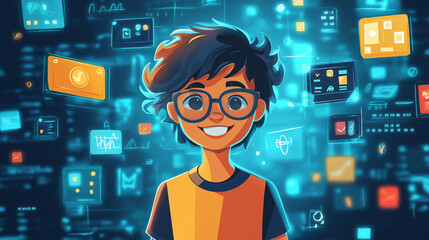 Gamified Learning Environment: A playful cartoon-style illustration of a student engaging in a gamified educational platform, with badges, levels, and achievements floating around in a colorful interf