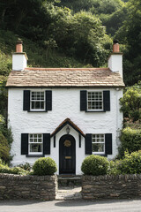 A white, quaint little house with black shutters in the English countryside. The walls of the cottage have a weathered and charming old paint. There is an inviting front door framed by dark wood.