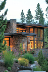 A modern, luxury home in the high desert of Colorado with large windows and stone exterior walls. Greenery is everywhere, and native plants surround every part of your house.