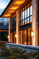 Obraz premium A modern luxury house in the mountains, exterior view of the front wall at night with warm lighting and decorative lights, large windows, red brick walls, Japanese-style architecture.