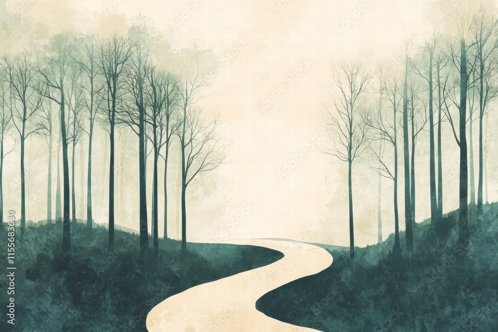 Poster Winding minimalist forest path creates a serene journey into a tranquil distance. Generative AI