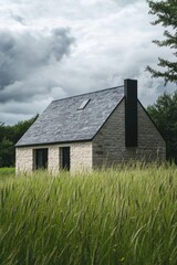 Fototapeta premium A small modern house made from stone and black metal, surrounded by tall grass near the forest in France. The sky is cloudy, and the roof tiles are dark grey.