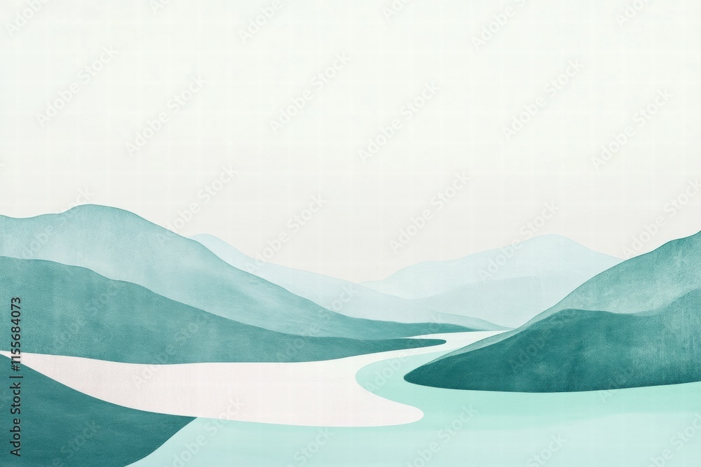 Aufkleber winding river flows through serene mountain range in minimalist landscape template for creative proj