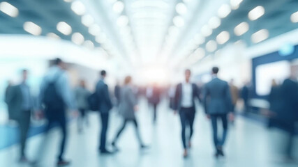 Blurred abstract people in expo event trade show exhibition hall. Business convention or job fair. Business concept background, 16:9 widescreen, 300 dpi, with free space for text