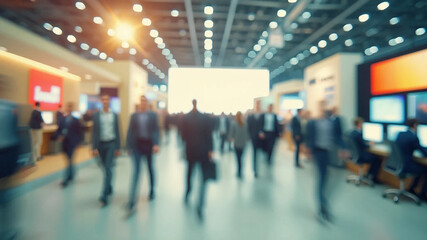 Blurred abstract people in expo event trade show exhibition hall. Business convention or job fair. Business concept background, 16:9 widescreen, 300 dpi, with free space for text