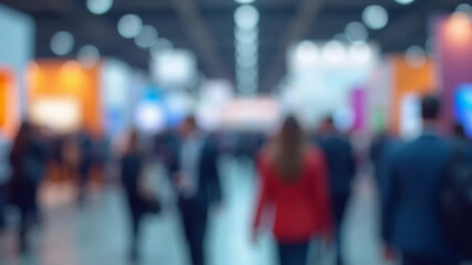 Blurred abstract people in expo event trade show exhibition hall. Business convention or job fair. Business concept background, 16:9 widescreen, 300 dpi, with free space for text