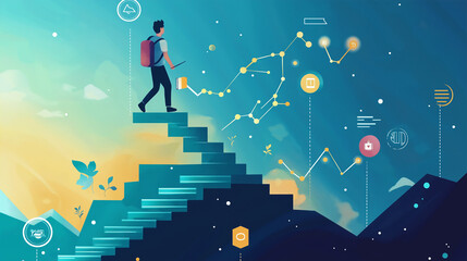 Personalized Learning Journey: A stylized infographic showing a learner climbing up steps by steps marked by milestones, with AI-powered tools like chatbots and recommendation engines guiding the way