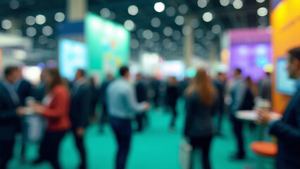 Blurred abstract people in expo event trade show exhibition hall. Business convention or job fair. Business concept background, 16:9 widescreen, 300 dpi, with free space for text