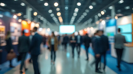 Blurred abstract people in expo event trade show exhibition hall. Business convention or job fair. Business concept background, 16:9 widescreen, 300 dpi, with free space for text
