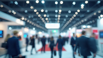 Blurred abstract people in expo event trade show exhibition hall. Business convention or job fair. Business concept background, 16:9 widescreen, 300 dpi, with free space for text