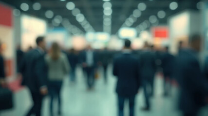 Blurred abstract people in expo event trade show exhibition hall. Business convention or job fair. Business concept background, 16:9 widescreen, 300 dpi, with free space for text