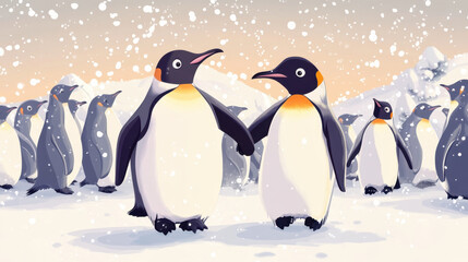Fototapeta premium Two emperor penguins holding flippers in snowy landscape, surrounded by other penguins. scene captures heartwarming moment in winter wonderland