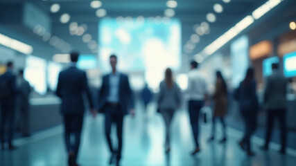 Blurred abstract people in expo event trade show exhibition hall. Business convention or job fair. Business concept background, 16:9 widescreen, 300 dpi, with free space for text