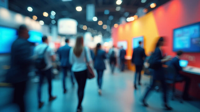 Blurred abstract people in expo event trade show exhibition hall. Business convention or job fair. Business concept background, 16:9 widescreen, 300 dpi, with free space for text