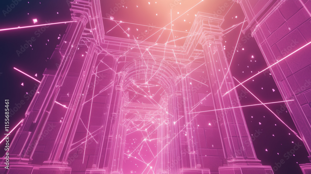 Poster a hologram of the gate. gates of polygons, triangles of points and lines. the gate icon is a low-pol