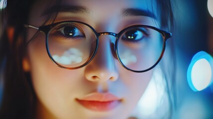 Fototapeta premium Close-up, young Asian business woman with eyeglasses working on laptop computer. Video call using laptop for online meeting and video conference from home office, 8k Rsolution