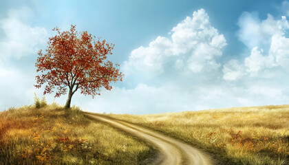 Naklejka premium Autumnal Tree Beside Winding Country Road