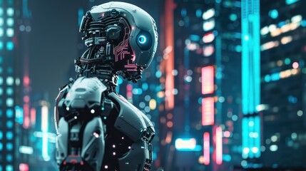 Naklejka premium Cyberpunk Cityscape: Advanced Robot in Neon Metropolis