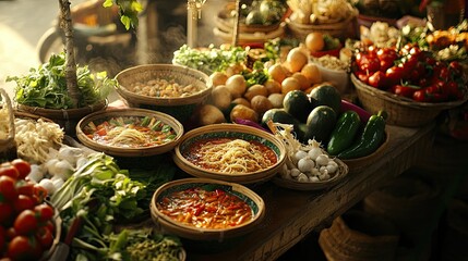 A traditional Thai food market display with tom yum kung noodle bowls surrounded by fresh produce and spices.