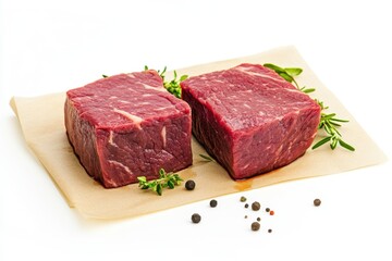Two Raw Beef Steaks with Herbs and Peppercorns