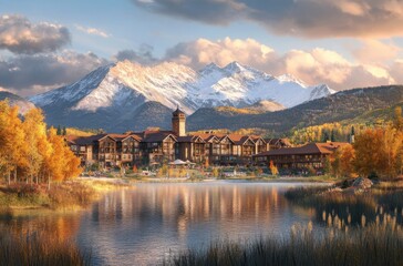 Fototapeta premium Serene Mountain Resort Scene with Majestic Snow-Capped Peaks and Vibrant Autumn Foliage Reflecting in a Tranquil Lake at Sunset
