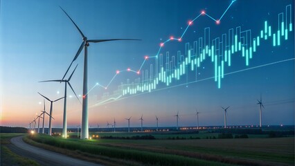 Wind turbine farm at sunset with a digital growth chart overlay representing renewable energy trends