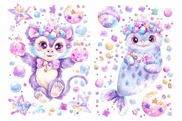 Obraz premium Cute Cartoon Characters with Colorful Decorations and Accessories