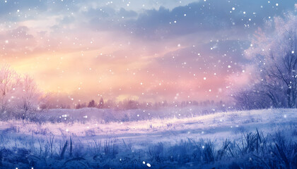 Serene Winter Sunset Snowfall Landscape Scene