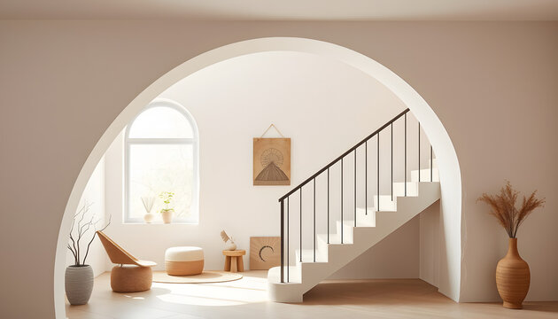 Arch and stairs in trendy minimal interior, craft clay. isolated with white shades