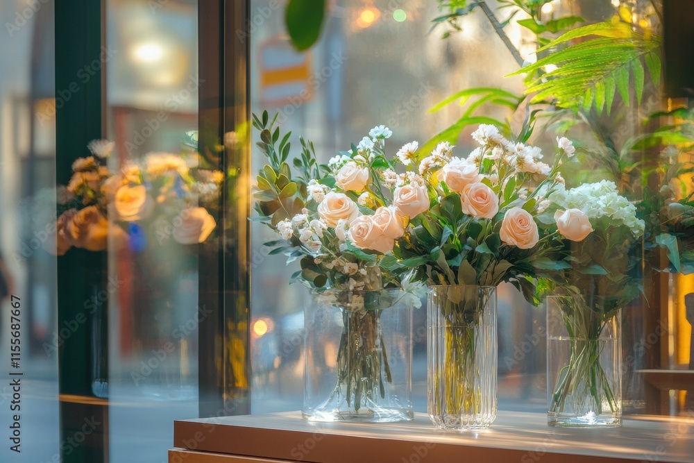 Poster stylish storefront display featuring elegant flower arrangements in glass vases showcasing vibrant b