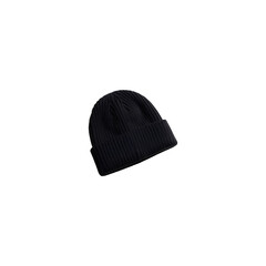 Black knitted winter mittens made from thick yarn wearing knitted cap isolate on transparent and white background