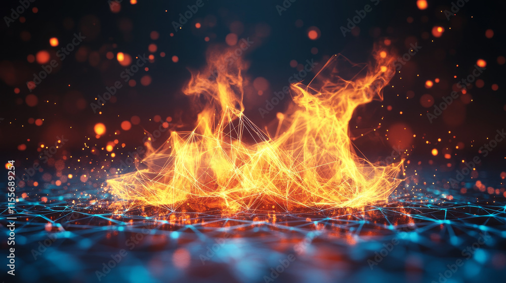 Poster the hologram is fire. fire from polygons, triangles of points and lines. fire icon is a low-poly com