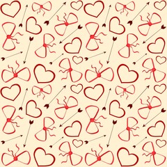 Valentines day seamless pattern with hearts, bows and arrows