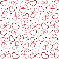 Valentines day pattern with hearts, bows and arrows