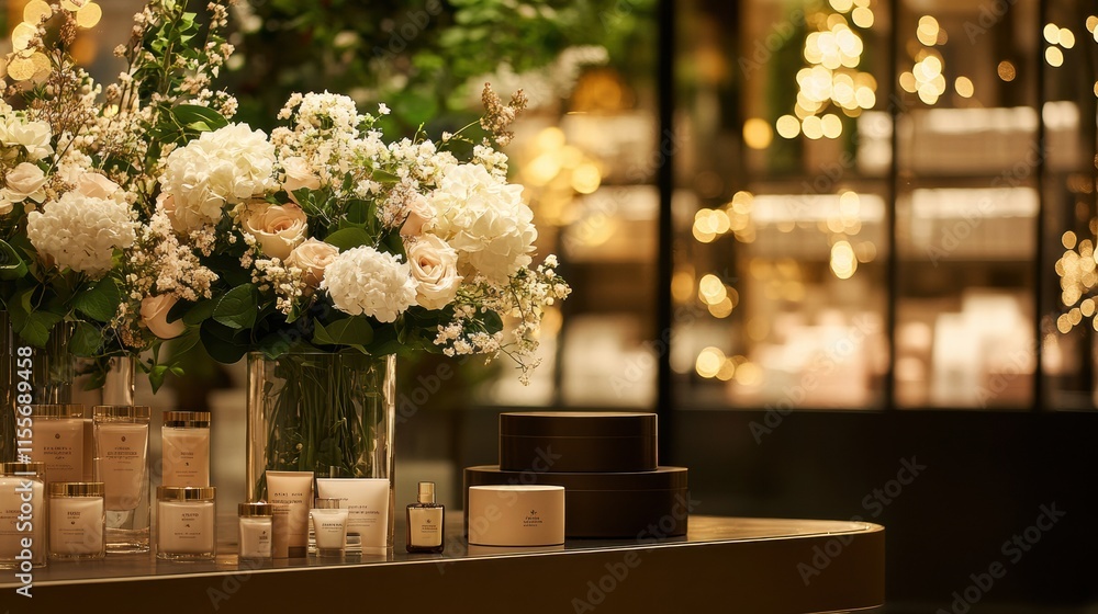 Poster stylish storefront display featuring elegant flower arrangements in glass vases with warm lighting a