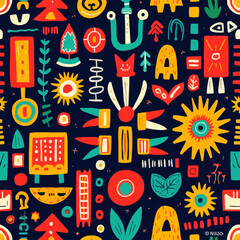 Colorful Pattern with Abstract Shapes and Symbols